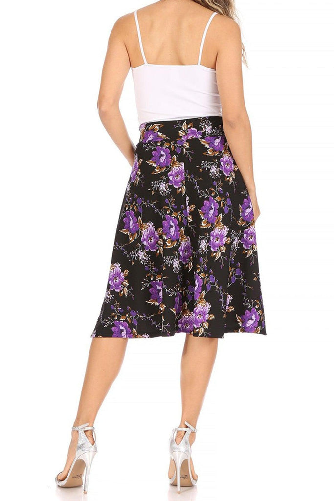 Women's Casual Floral Printed A Line High Waist Ribbon Belted Knee Length Midi Skirt FashionJOA