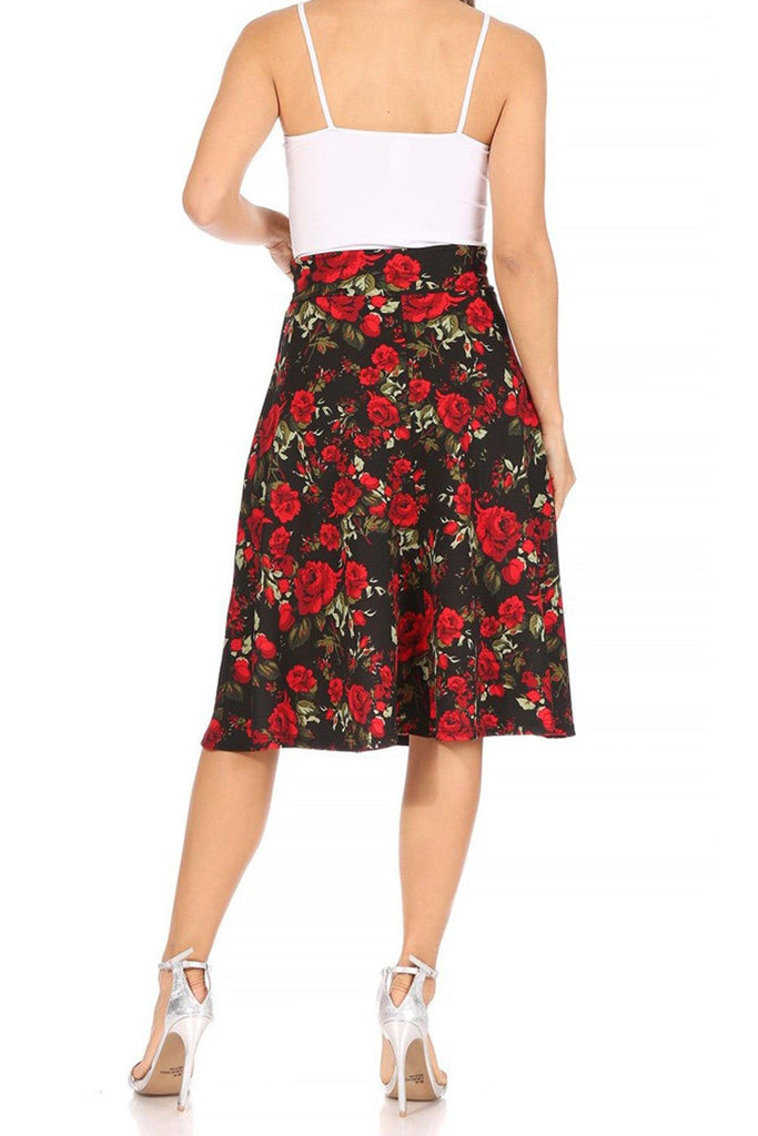 Women's Casual Floral Printed A Line High Waist Ribbon Belted Knee Length Midi Skirt FashionJOA