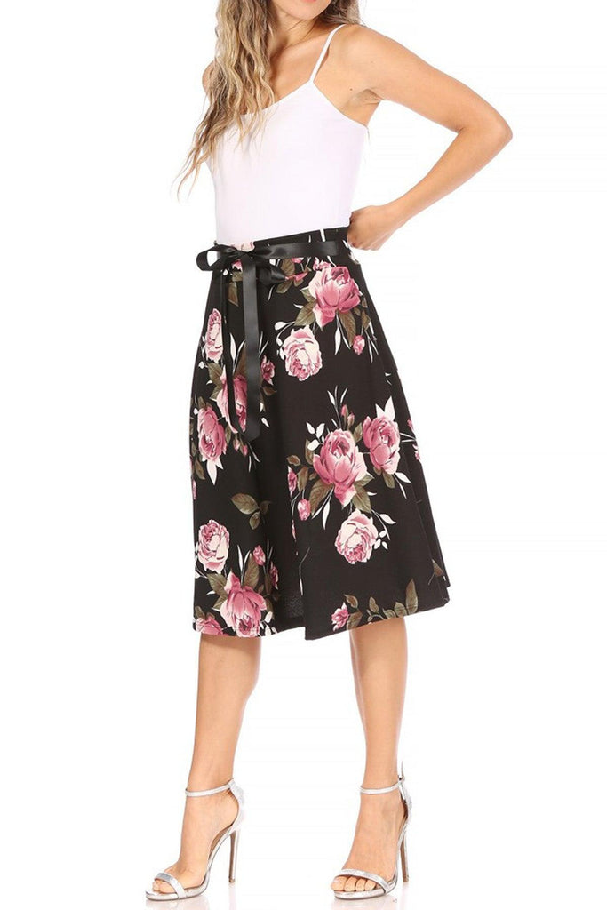 Women's Casual Floral Printed A Line High Waist Ribbon Belted Knee Length Midi Skirt FashionJOA