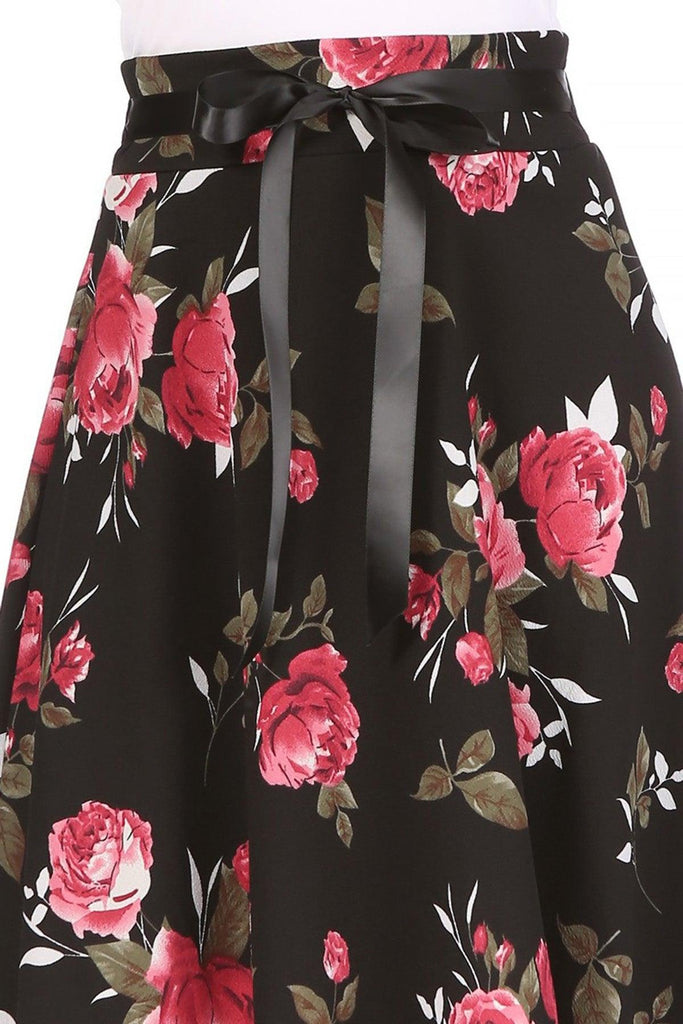 Women's Casual Floral Printed A Line High Waist Ribbon Belted Knee Length Midi Skirt FashionJOA