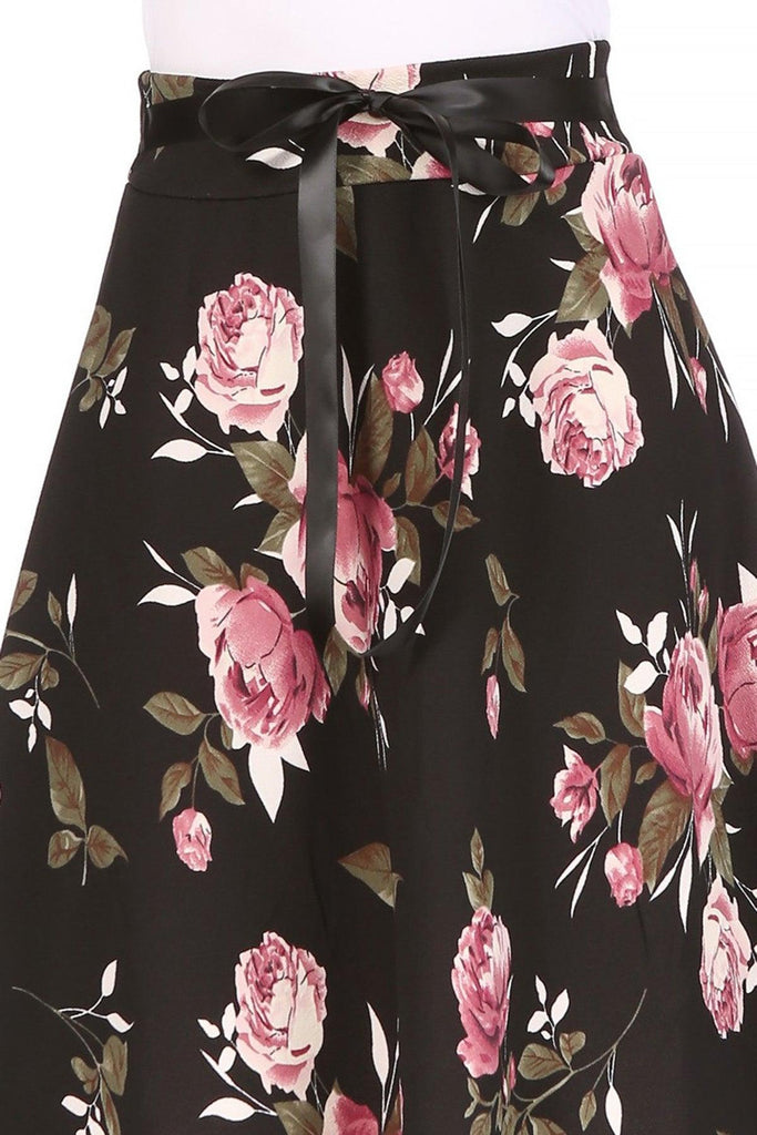 Women's Casual Floral Printed A Line High Waist Ribbon Belted Knee Length Midi Skirt FashionJOA