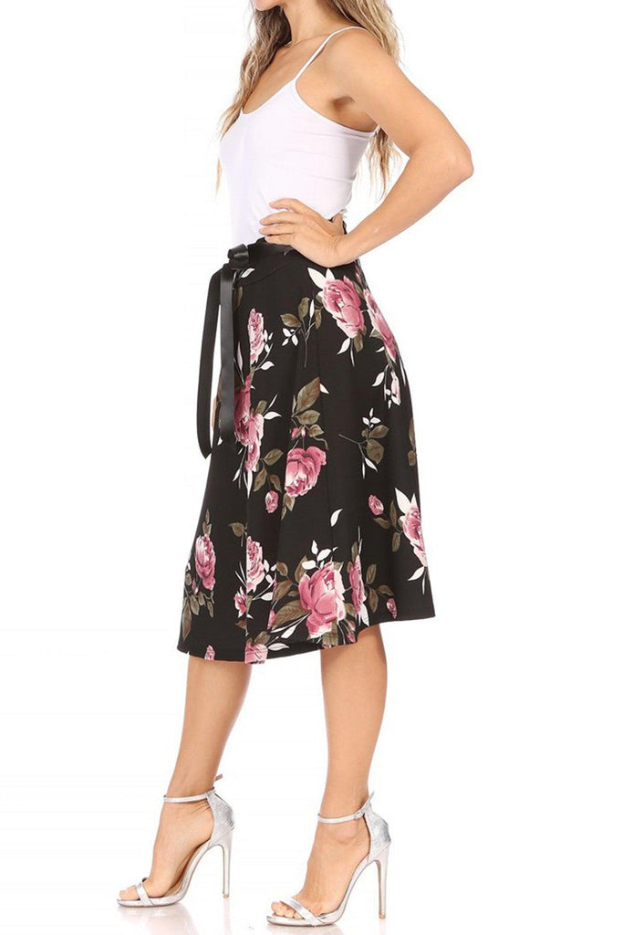 Women's Casual Floral Printed A Line High Waist Ribbon Belted Knee Length Midi Skirt FashionJOA