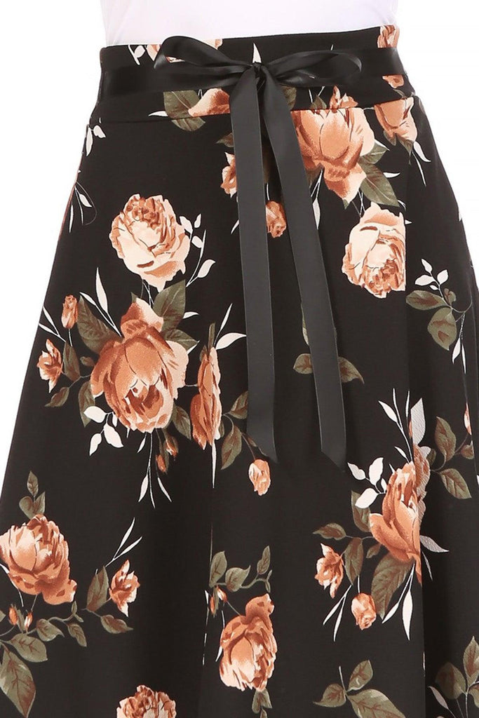 Women's Casual Floral Printed A Line High Waist Ribbon Belted Knee Length Midi Skirt FashionJOA