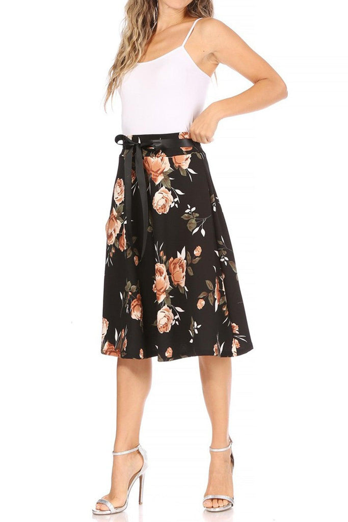 Women's Casual Floral Printed A Line High Waist Ribbon Belted Knee Length Midi Skirt FashionJOA