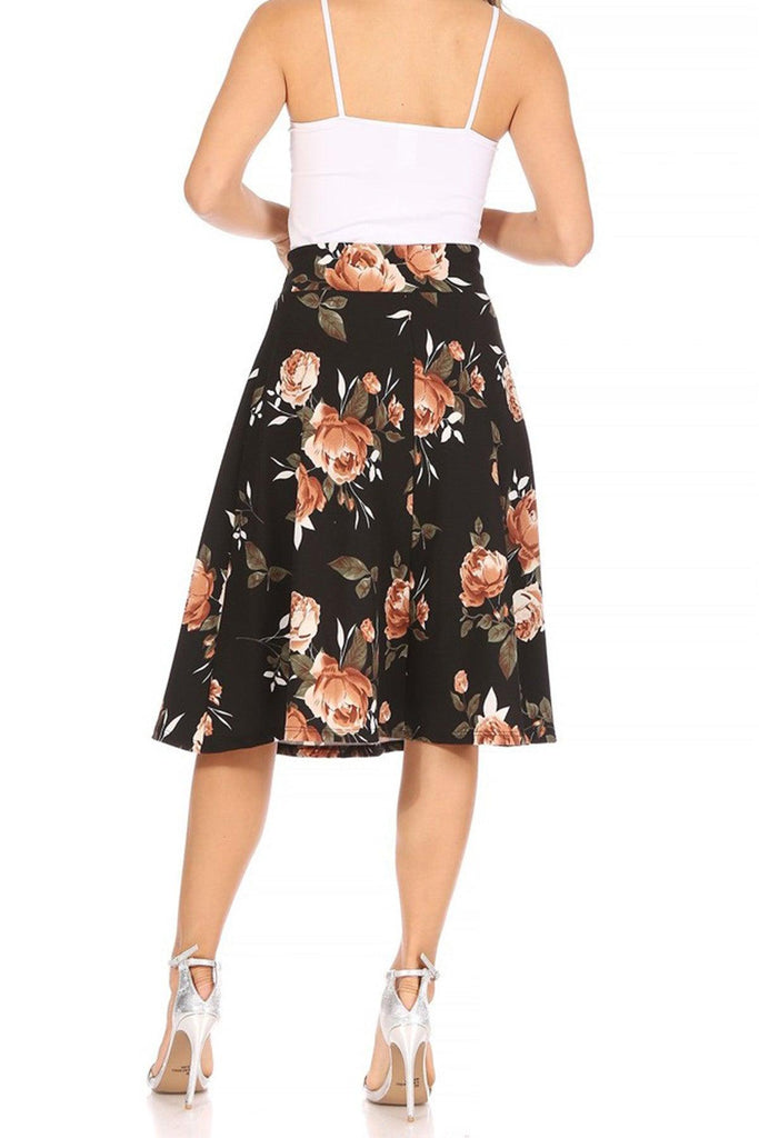 Women's Casual Floral Printed A Line High Waist Ribbon Belted Knee Length Midi Skirt FashionJOA