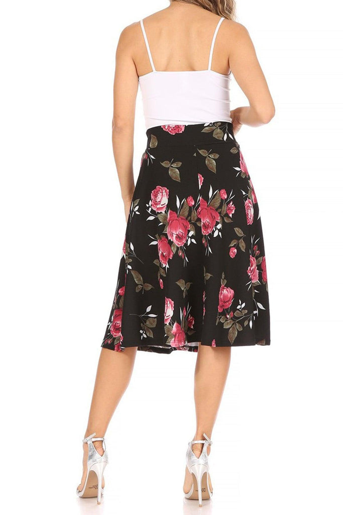 Women's Casual Floral Printed A Line High Waist Ribbon Belted Knee Length Midi Skirt FashionJOA