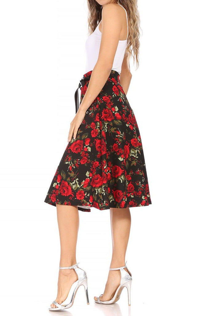 Women's Casual Floral Printed A Line High Waist Ribbon Belted Knee Length Midi Skirt FashionJOA