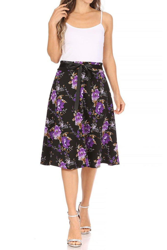 Women's Casual Floral Printed A Line High Waist Ribbon Belted Knee Length Midi Skirt FashionJOA