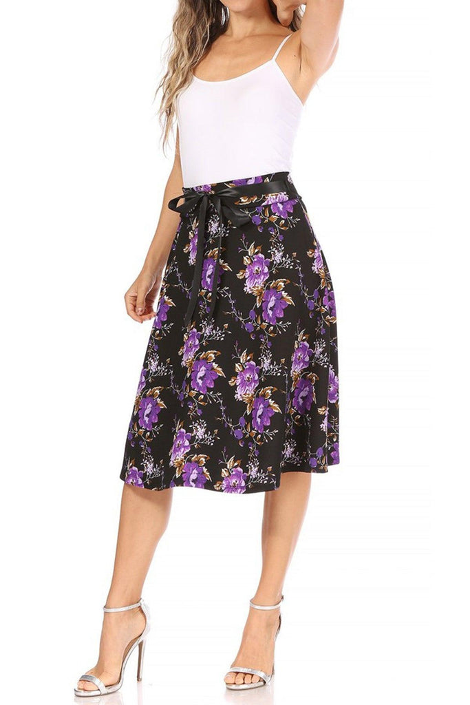 Women's Casual Floral Printed A Line High Waist Ribbon Belted Knee Length Midi Skirt FashionJOA