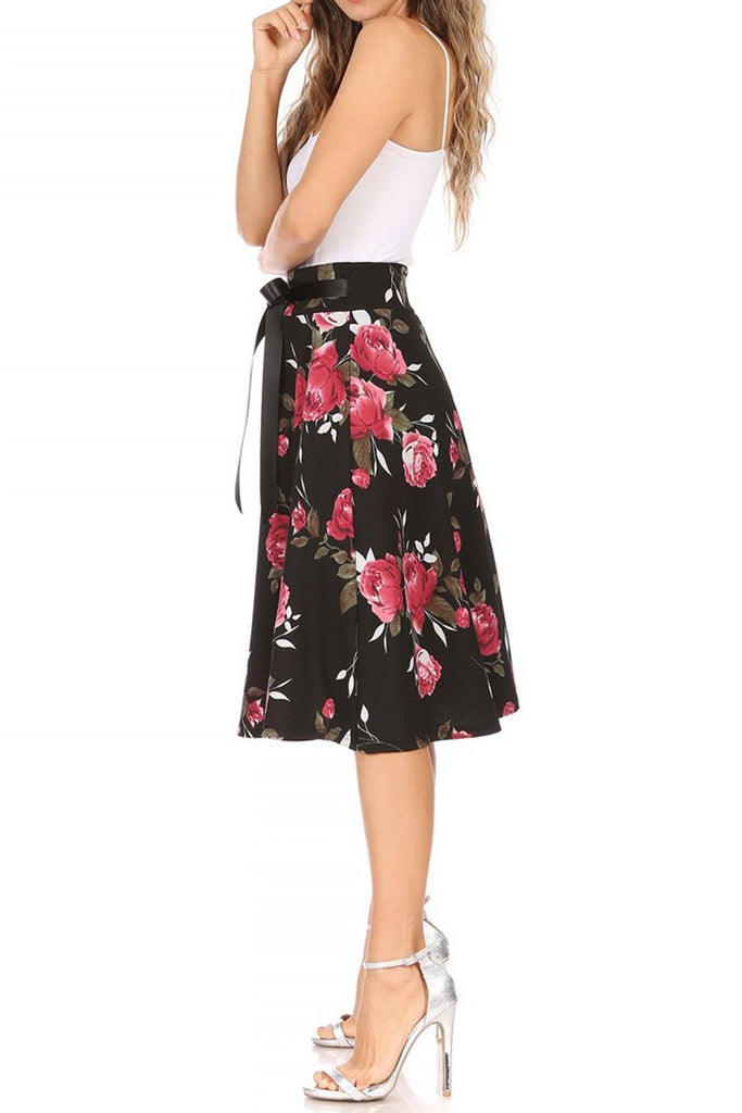 Women's Casual Floral Printed A Line High Waist Ribbon Belted Knee Length Midi Skirt FashionJOA