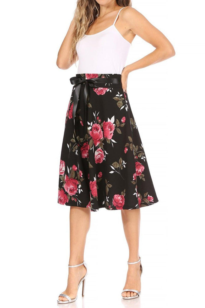 Women's Casual Floral Printed A Line High Waist Ribbon Belted Knee Length Midi Skirt FashionJOA