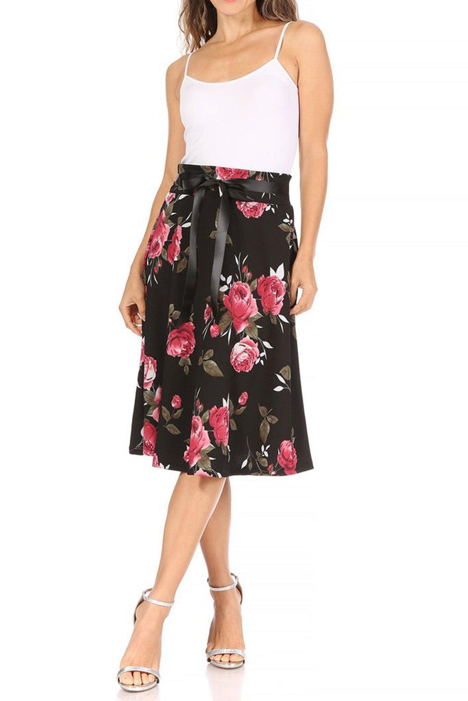 Women's Casual Floral Printed A Line High Waist Ribbon Belted Knee Length Midi Skirt FashionJOA