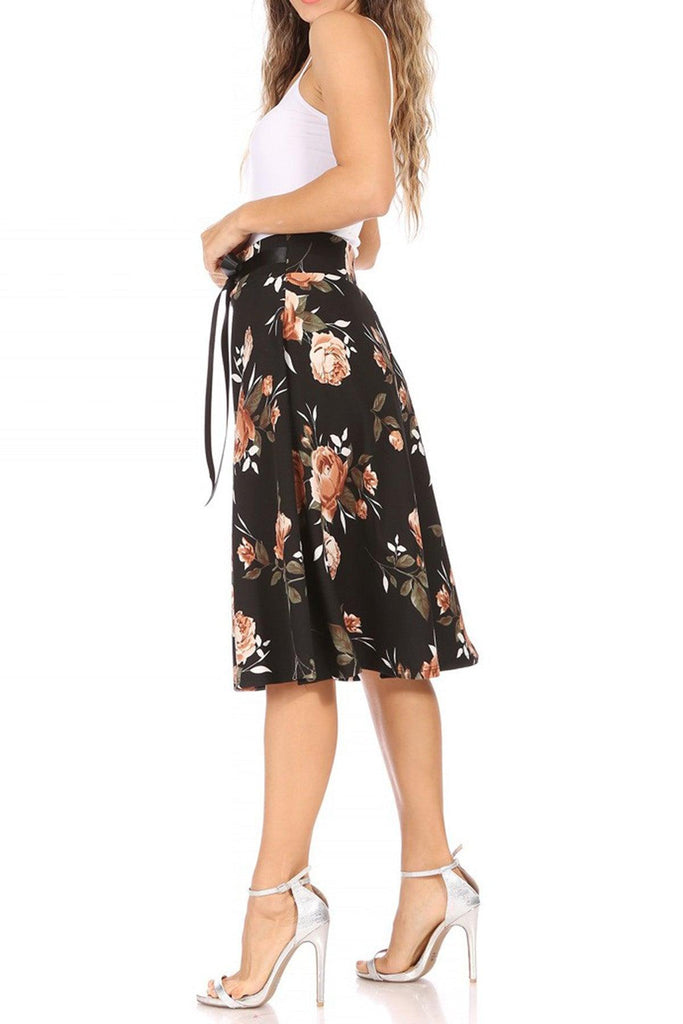 Women's Casual Floral Printed A Line High Waist Ribbon Belted Knee Length Midi Skirt FashionJOA