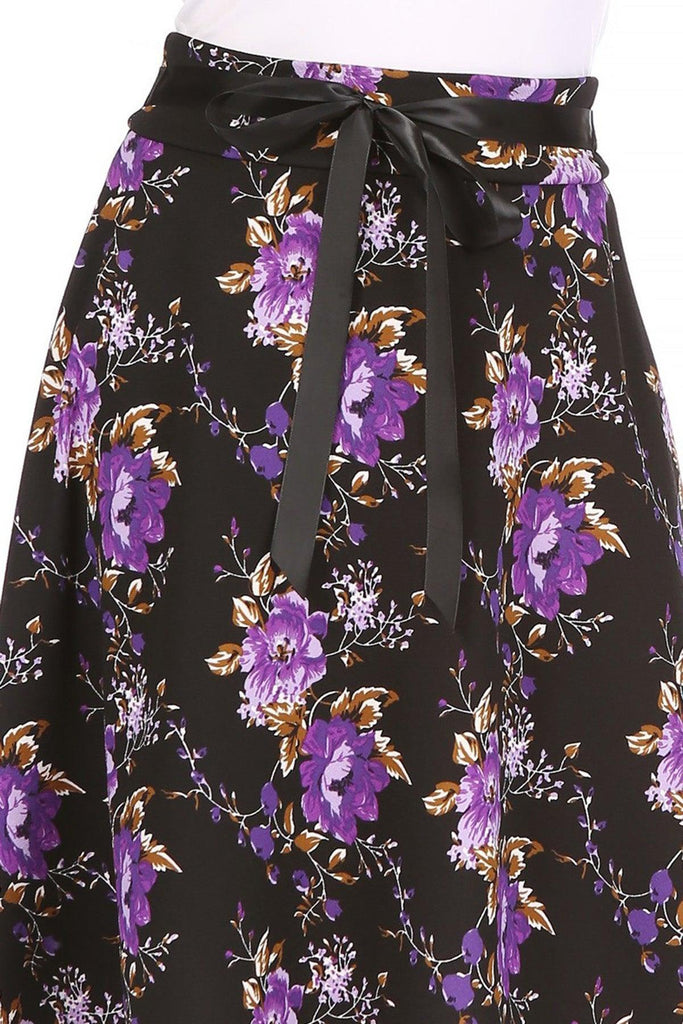 Women's Casual Floral Printed A Line High Waist Ribbon Belted Knee Length Midi Skirt FashionJOA