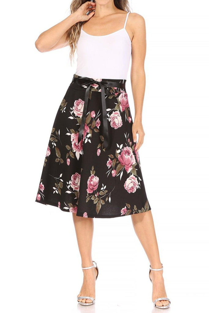 Women's Casual Floral Printed A Line High Waist Ribbon Belted Knee Length Midi Skirt FashionJOA