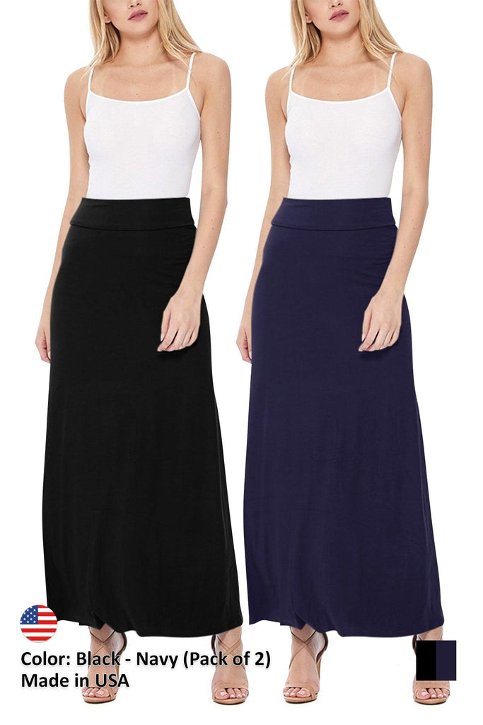 Women's Casual Foldover Waist A-Line Loose Fit Lounge Maxi Long Skirt S-3XL (Pack of 2) FashionJOA