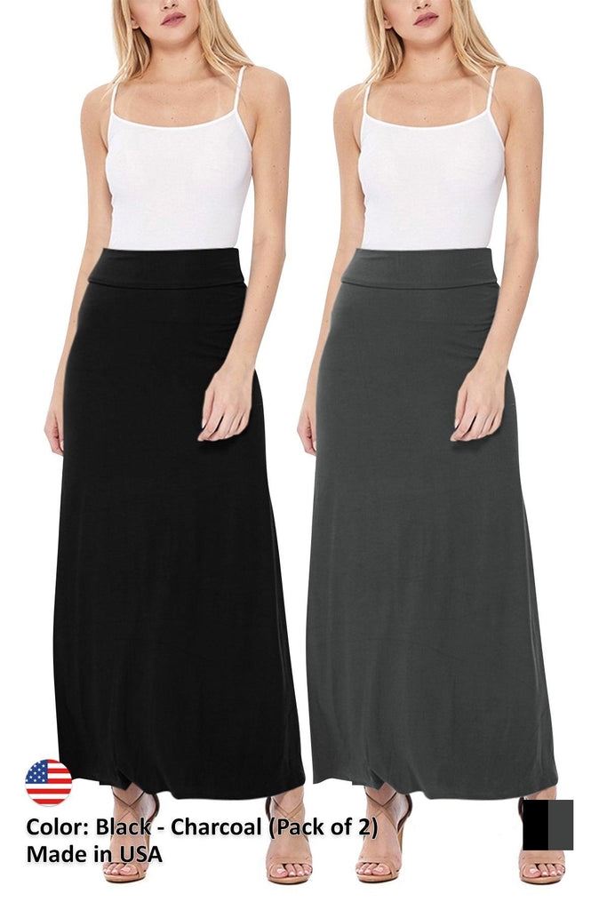 Women's Casual Foldover Waist A-Line Loose Fit Lounge Maxi Long Skirt S-3XL (Pack of 2) FashionJOA