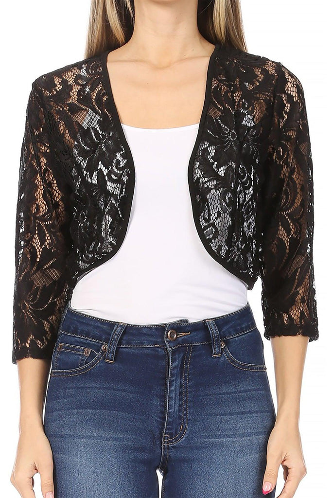 Women's Casual Lace Bolero Crochet Open Cardigan 3/4 Sleeve Sheer Cover Up Jacket FashionJOA