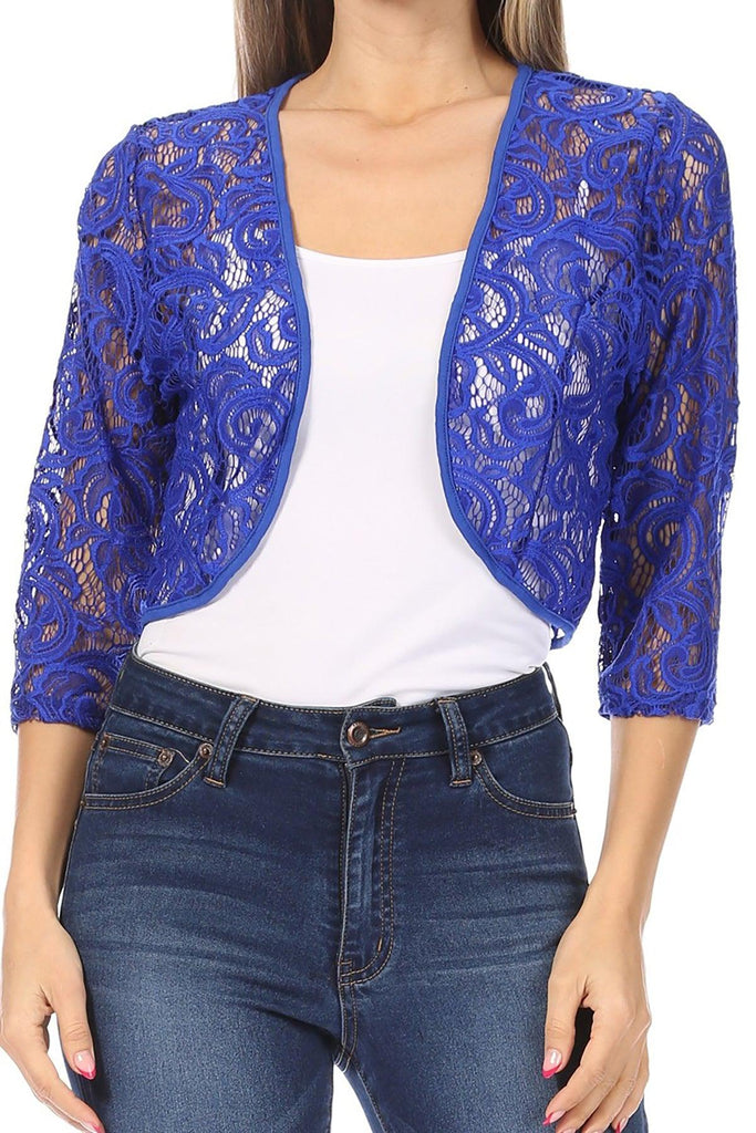 Women's Casual Lace Bolero Crochet Open Cardigan 3/4 Sleeve Sheer Cover Up Jacket FashionJOA