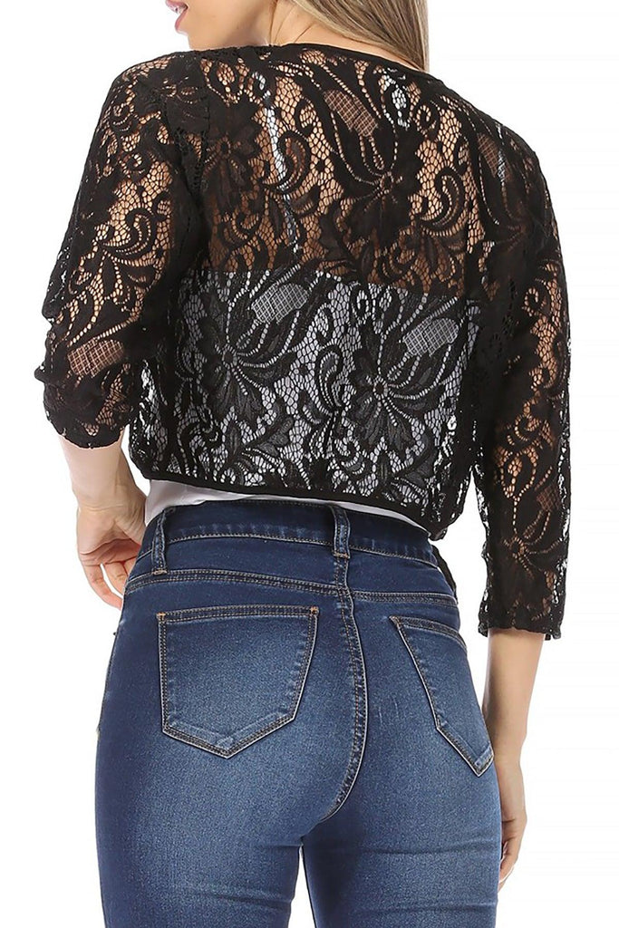 Women's Casual Lace Bolero Crochet Open Cardigan 3/4 Sleeve Sheer Cover Up Jacket FashionJOA