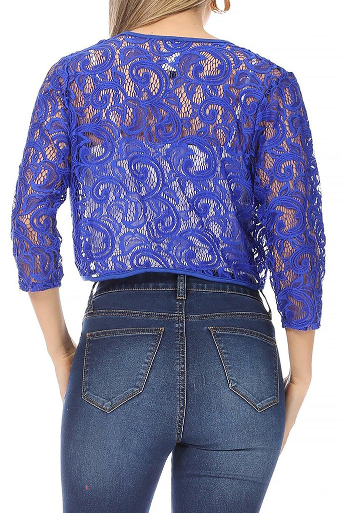 Women's Casual Lace Bolero Crochet Open Cardigan 3/4 Sleeve Sheer Cover Up Jacket FashionJOA