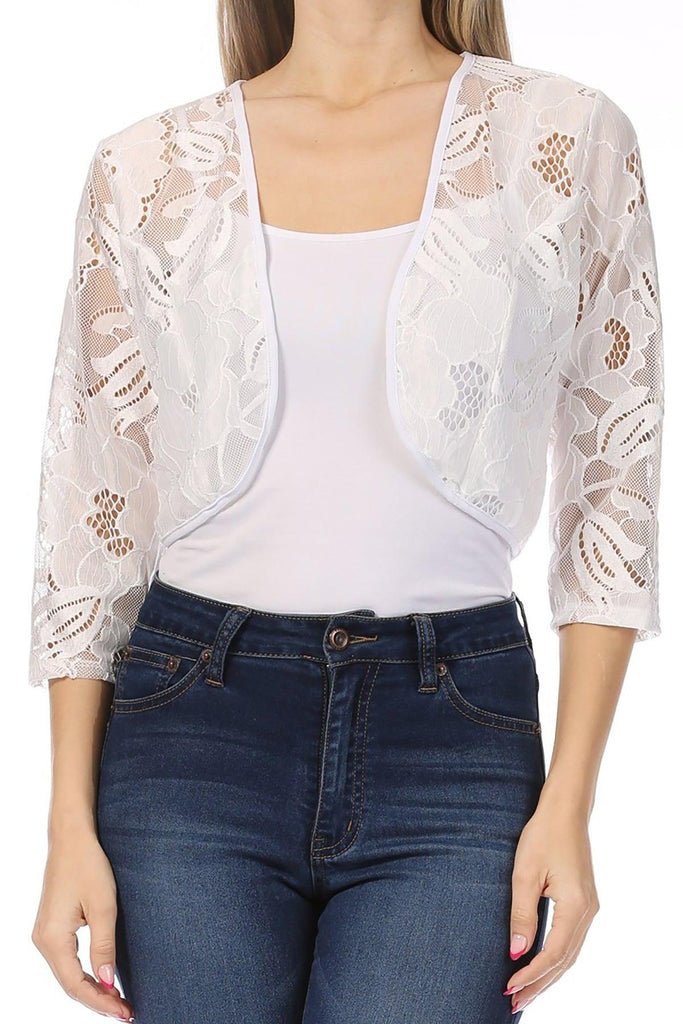 Women's Casual Lace Bolero Crochet Open Cardigan 3/4 Sleeve Sheer Cover Up Jacket FashionJOA