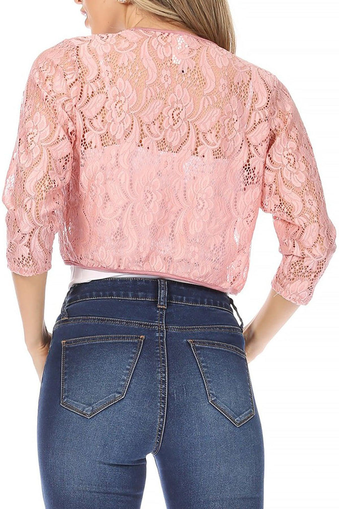 Women's Casual Lace Bolero Crochet Open Cardigan 3/4 Sleeve Sheer Cover Up Jacket FashionJOA