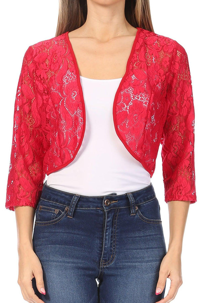 Women's Casual Lace Bolero Crochet Open Cardigan 3/4 Sleeve Sheer Cover Up Jacket FashionJOA