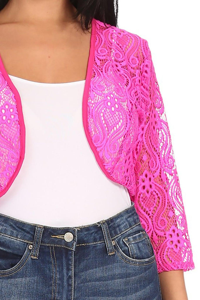 Women's Casual Lace Bolero Crochet Open Cardigan 3/4 Sleeve Sheer Cover Up Jacket FashionJOA