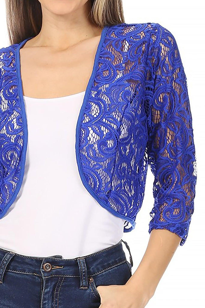 Women's Casual Lace Bolero Crochet Open Cardigan 3/4 Sleeve Sheer Cover Up Jacket FashionJOA