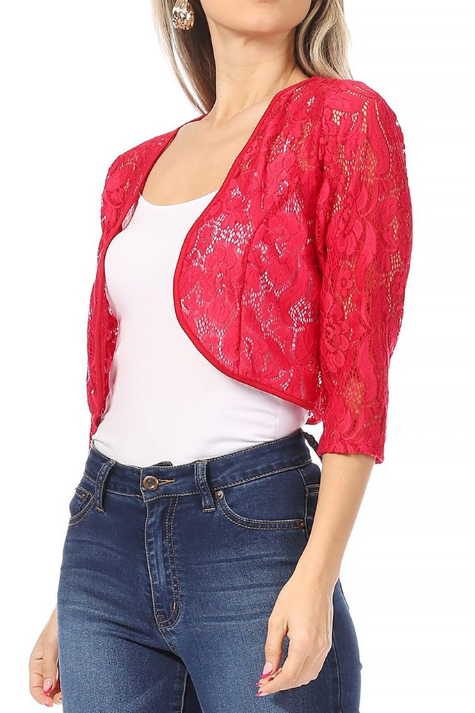 Women's Casual Lace Bolero Crochet Open Cardigan 3/4 Sleeve Sheer Cover Up Jacket FashionJOA