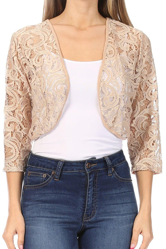 Women's Casual Lace Bolero Crochet Open Cardigan 3/4 Sleeve Sheer Cover Up Jacket FashionJOA