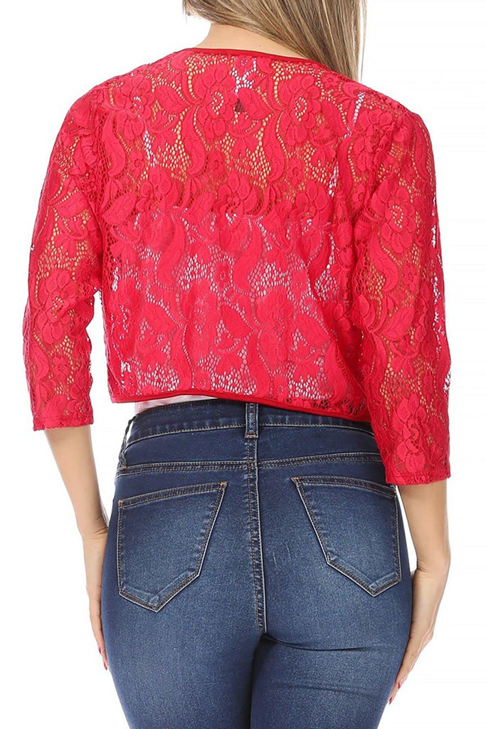 Women's Casual Lace Bolero Crochet Open Cardigan 3/4 Sleeve Sheer Cover Up Jacket FashionJOA