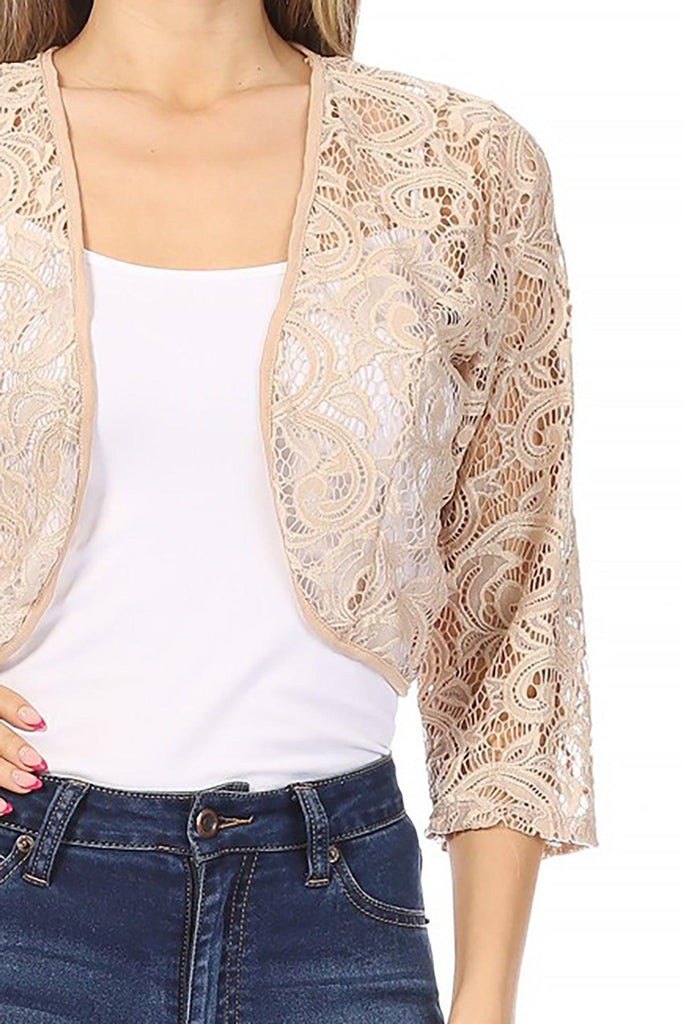 Women's Casual Lace Bolero Crochet Open Cardigan 3/4 Sleeve Sheer Cover Up Jacket FashionJOA