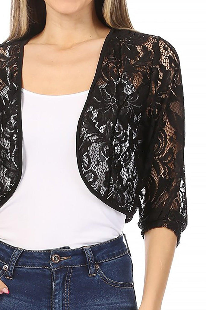 Women's Casual Lace Bolero Crochet Open Cardigan 3/4 Sleeve Sheer Cover Up Jacket FashionJOA