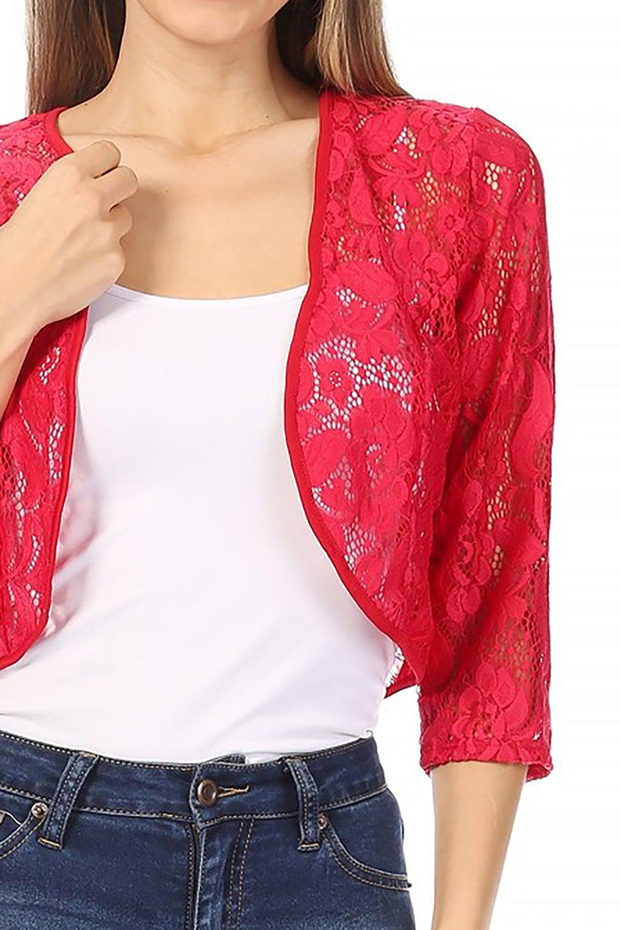 Women's Casual Lace Bolero Crochet Open Cardigan 3/4 Sleeve Sheer Cover Up Jacket FashionJOA