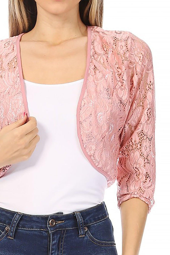 Women's Casual Lace Bolero Crochet Open Cardigan 3/4 Sleeve Sheer Cover Up Jacket FashionJOA