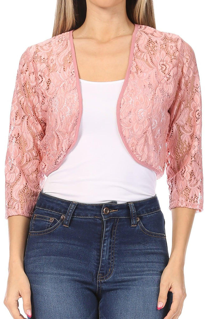 Women's Casual Lace Bolero Crochet Open Cardigan 3/4 Sleeve Sheer Cover Up Jacket FashionJOA