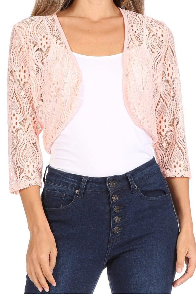 Women's Casual Lace Bolero Crochet Open Cardigan 3/4 Sleeve Sheer Cover Up Jacket FashionJOA