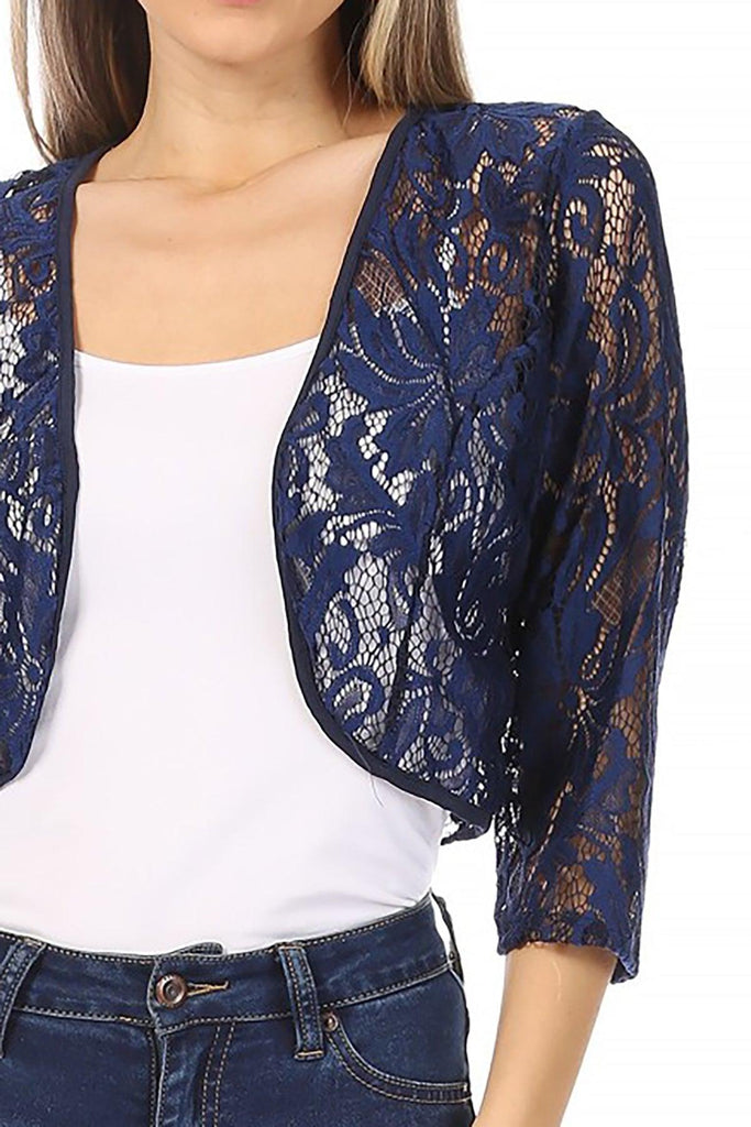 Women's Casual Lace Bolero Crochet Open Cardigan 3/4 Sleeve Sheer Cover Up Jacket FashionJOA