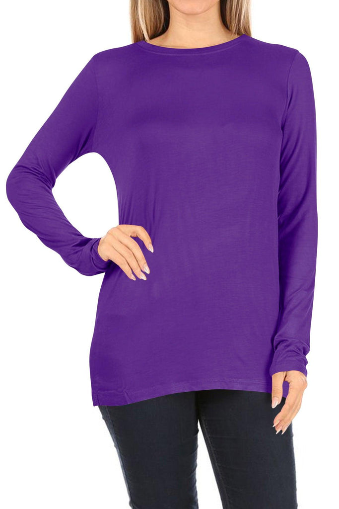 Women's Casual Long Sleeve Solid Stretch Relaxed Fit Basic Pull On T-Shirts Tunic Top FashionJOA