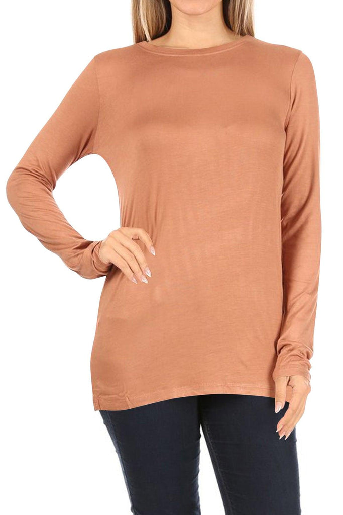 Women's Casual Long Sleeve Solid Stretch Relaxed Fit Basic Pull On T-Shirts Tunic Top FashionJOA