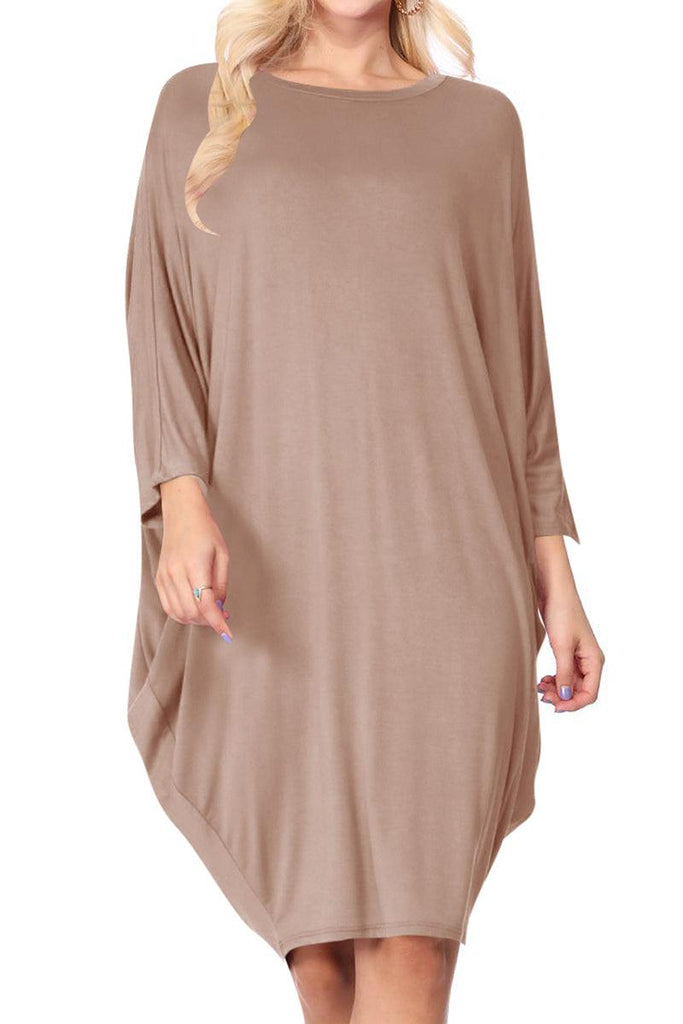 Women's Casual Loose Fit Long Sleeves Dolman Style Solid Midi Dress FashionJOA