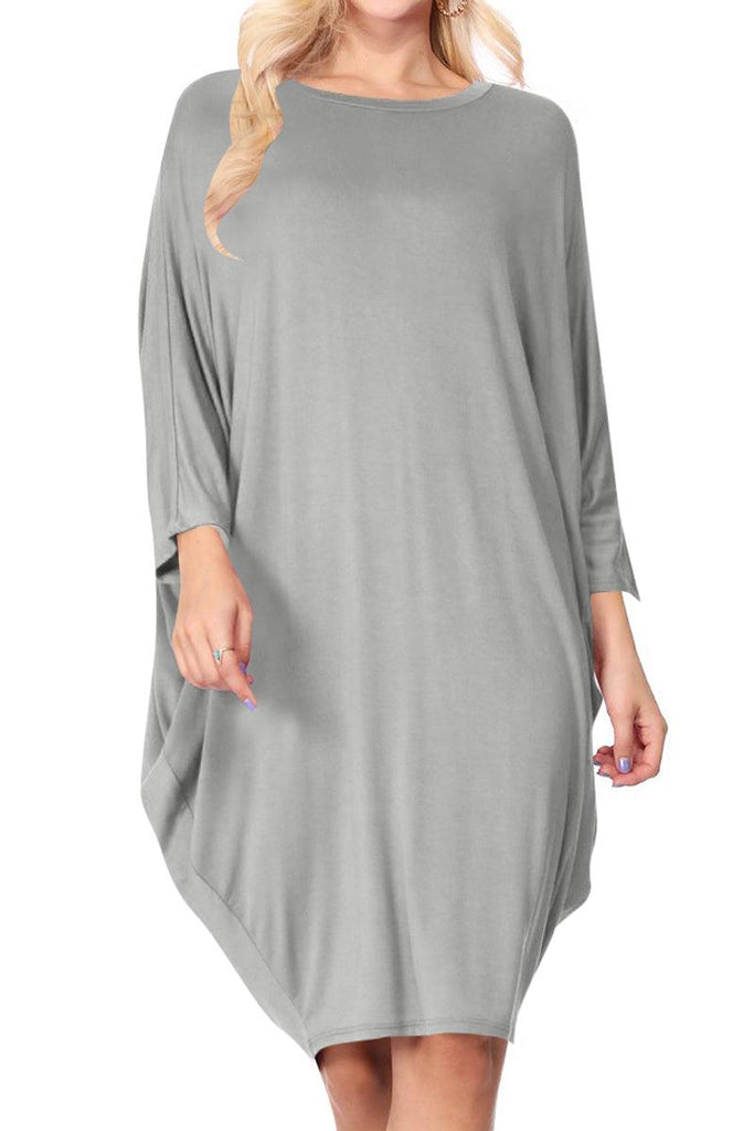 Women's Casual Loose Fit Long Sleeves Dolman Style Solid Midi Dress FashionJOA