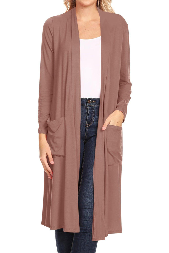 Women's Casual Loose Fit Open Front Side Pockets Solid Soft Long Cardigan FashionJOA