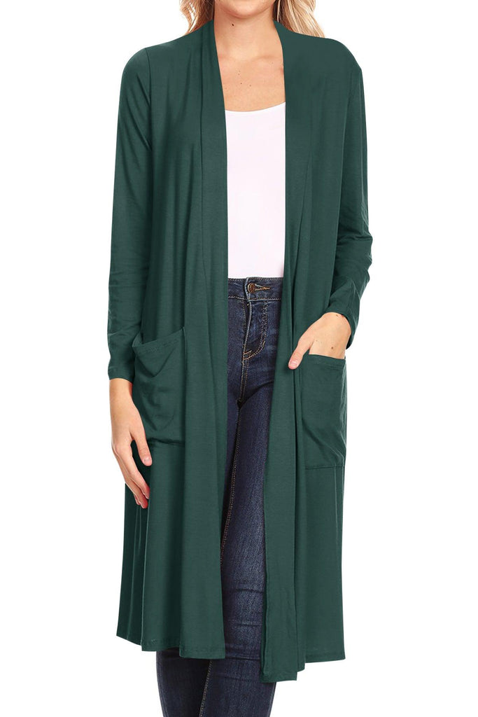 Women's Casual Loose Fit Open Front Side Pockets Solid Soft Long Cardigan FashionJOA