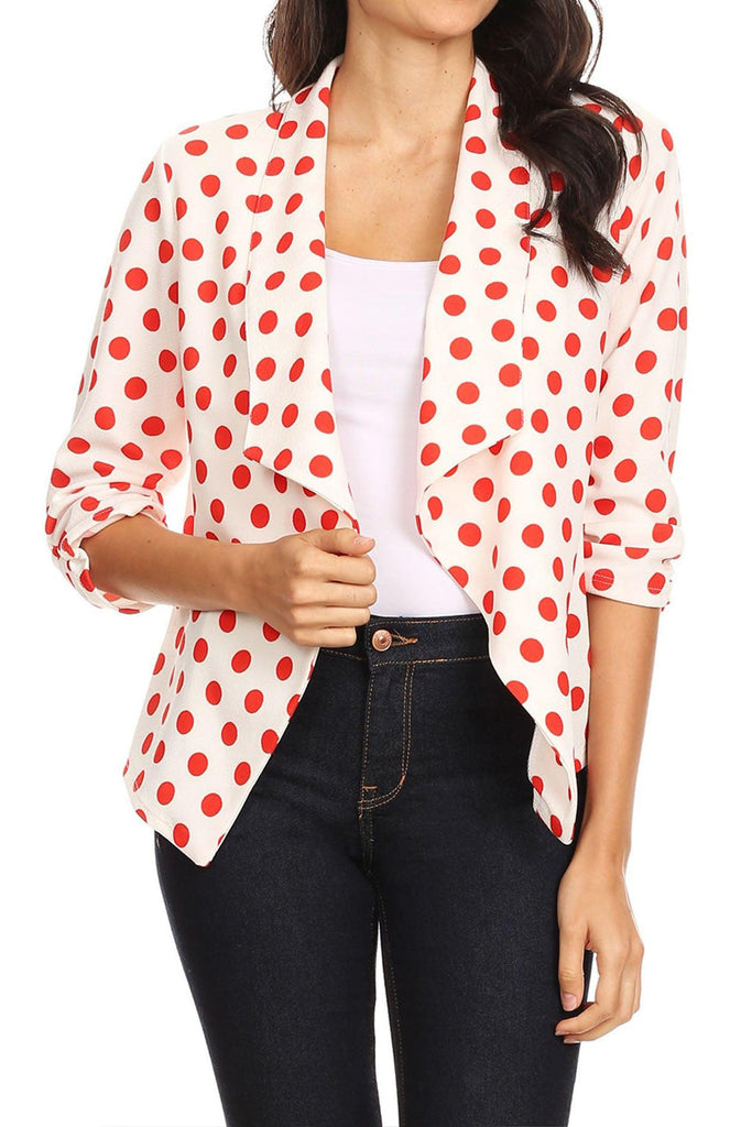 Women's Casual Open Front Polka Dot Roll Up Sleeve Blazer FashionJOA