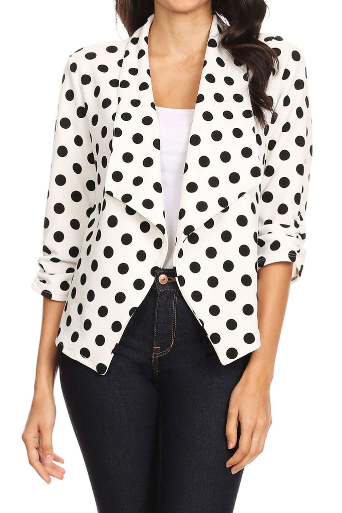 Women's Casual Open Front Polka Dot Roll Up Sleeve Blazer FashionJOA