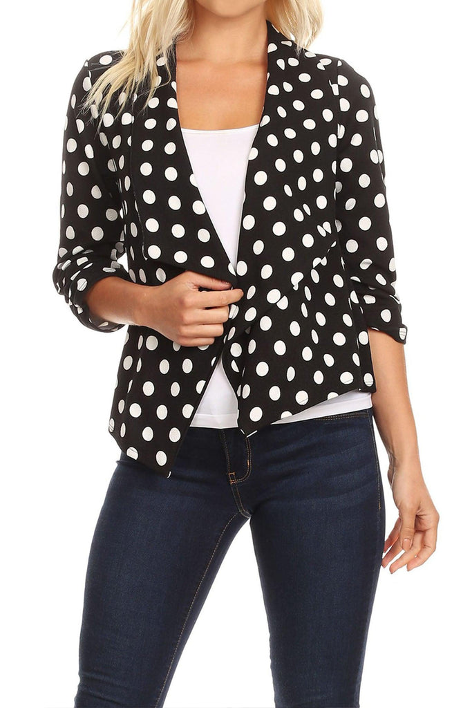 Women's Casual Open Front Polka Dot Roll Up Sleeve Blazer FashionJOA