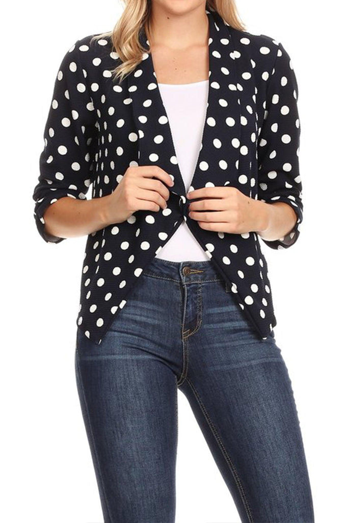 Women's Casual Open Front Polka Dot Roll Up Sleeve Blazer FashionJOA